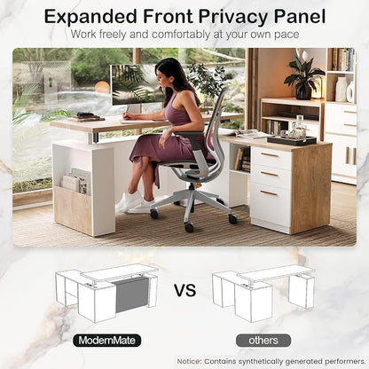 ModernMate 63" Standing Desk with File Cabinet, Privacy Panel, AC/USB, 1.18" Desktop, Executive L Shaped Height Adjustable Electric Stand Up Desk, Home Office Table with 3 Drawers, Light Walnut