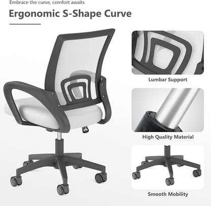 OS MOTOR Home Office Chair, Ergonomic Mid-Back Mesh Desk Chair with Lumbar Support, Adjustable Swivel Rolling Design, Comfy Armrest for Work, Study, Gaming, Vanity (White, Double Chair)