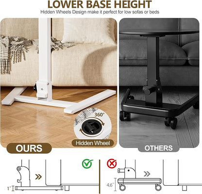 25 Inch Mobile Foldable Standing Desk, 180 Tiltable Portable Rolling Laptop Table, Height Adjustable Sit-Stand Desk with Wheels, No Assembly Computer Workstation for Home Office, White