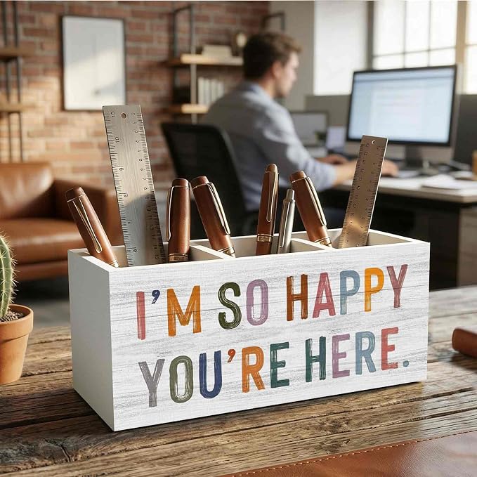 Classroom Pencil Pen Holder for Desk Organizer, I'm So Happy You're Here Wooden Box Decorations for Classroom Kids Room Bedroom Playroom Desk Tabletop Decor