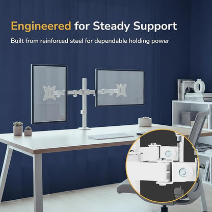 Mount-It Dual Monitor Arm for Desk, Full Motion Steel Mount 17-32 Inch | Holds up to 19.8 lbs per Arm, VESA 75x75 100x100, C-Clamp and Grommet Base, Cable Management, Height Adjustable, White