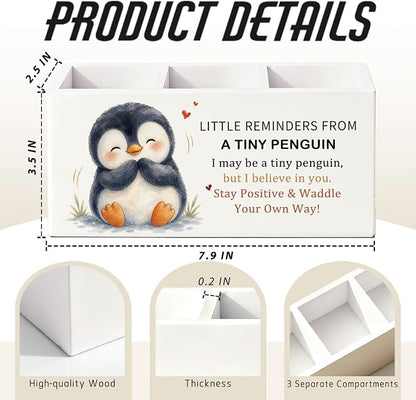 Positive Penguin Pen Pencil Holder Desk Accessories Gifts for Women | Cute Penguin Inspirational Pen Pencil Wooden Organizer Office Desk Accessories Decor for Dorm Room Bedroom Tabletop