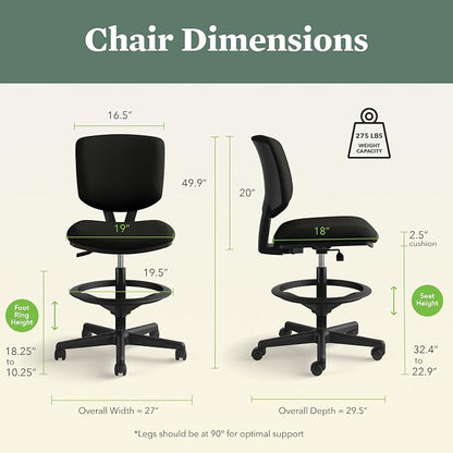 HON Volt Standing Desk Chair with Bonded Leather Seat and Back, Armless Ergonomic Task Stool with Adjustable Footring and Center‑Tilt Recline for Sit‑Stand Workstations, Black