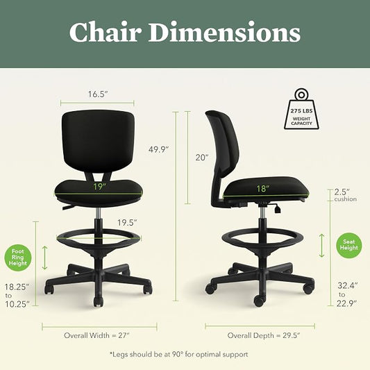 HON Volt Standing Desk Chair with Bonded Leather Seat and Back, Armless Ergonomic Task Stool with Adjustable Footring and Center‑Tilt Recline for Sit‑Stand Workstations, Black