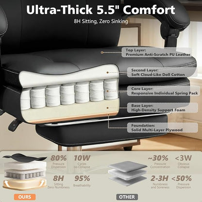 Big and Tall Comfy Office Chair,Ergonomic High Back Executive Desk Chair with Foot Rest,Heavy Duty Reclining Computer Chair with Wide Spring Cushion for Cross Legged,Home,Office,Gaming