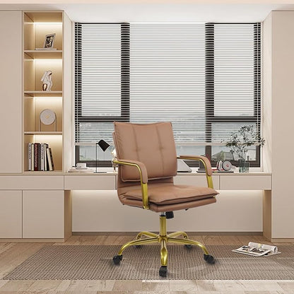 CLATINA Leather Home Office Desk Chairs, Swivel Mid-Back Computer Chair with Golden Legs and Arms, Comfy Upholstered Task Chair with Wheels, Brown