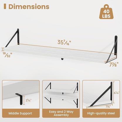 Heimlove Floating Book Shelves for Wall,35.4 Inches Long Wall Mounted Bookshelves,Heavy Duty Bracket Shelves for Living Room Kitchen,Laundry Room Storage & Decor,Set of 3,White