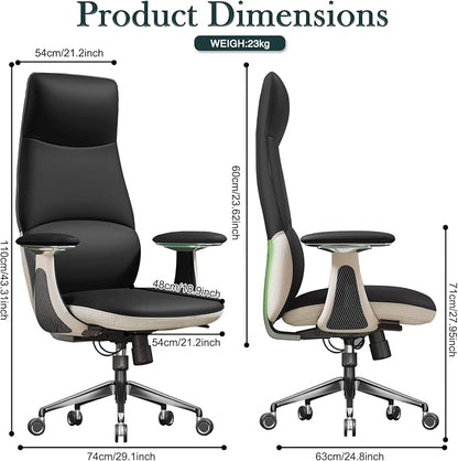 Ergonomic Genuine Leather Office Chair, Executive Chair with Tilt Adjustable High Back and Lumbar Support, 400lbs Weight Capacity Metal Base with 360° Flexible Wheels (New Black)