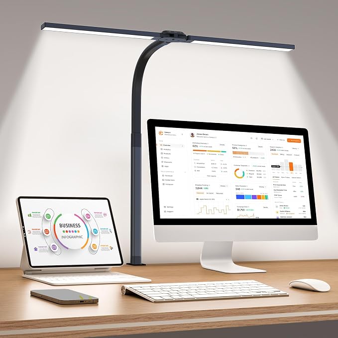 LED Desk Lamp for Home Office, Eye-Caring Desk Light with Clamp, 24W Double Head Architect Task Lamp Stepless Dimming, Flexible Gooseneck Bright Table Lamp for Study Reading Workbench Drafting