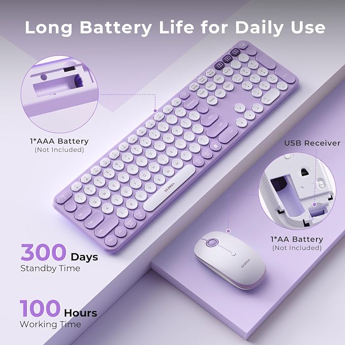 seenda COE202 Wireless Bluetooth Keyboard and Mouse Combo, Star Purple | USB & Dual Bluetooth for 3-Device Switching, Soft Quiet Round Keys, Silent Clicks, Full-Size for PC/Laptop/Mac/MacBook/iPad