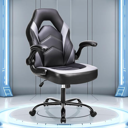 OLIXIS Computer Gaming Desk Chair - Ergonomic Video Game with Comfy Lumbar Support and headrest, PU Leather with Flip-up Arms, Adjustable Height and Swivel Wheels, for Adults, Black and Grey