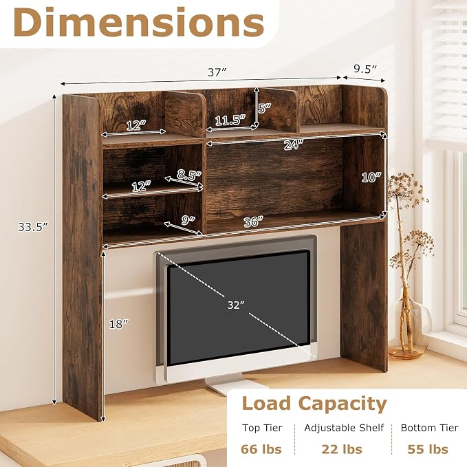 LDAILY 3-Tier Desktop Bookshelf, Wooden Desk Hutch for Computer Monitor Up to 32 Inch, Desk Organizer Shelf with Adjustable Shelf & 6 Storage Shelves, Desk Display Rack for Office Dorm (Rustic Brown)