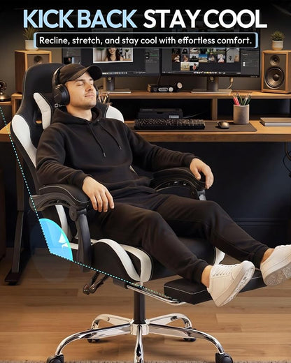 Dowinx Ergonomic Gaming Chair with Footrest & Massage Lumbar, 2D-Linkage Armrests for Computer Chair 330lbs with Headrest Pillow for Office, Home, Streaming and Long Gaming Sessions, Fabric White