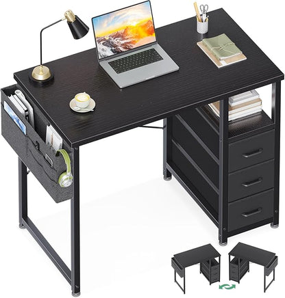 AODK 32 Inch Small Computer Desk with Fabric Drawers, Kids Study Desk for Bedroom, Home Office Desk with Storage Shelf & Bag for Small Space, Black
