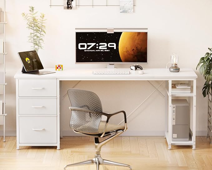 AODK 63 Inch Computer Desk with Drawers & USB Power Outlets, Reversible Home Office Desk with Storage Shelves, Work from Home, Modern Work/Writing/Study Table for Bedroom, White