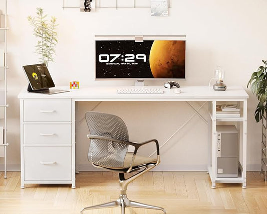 AODK 63 Inch Computer Desk with Drawers & USB Power Outlets, Reversible Home Office Desk with Storage Shelves, Work from Home, Modern Work/Writing/Study Table for Bedroom, White