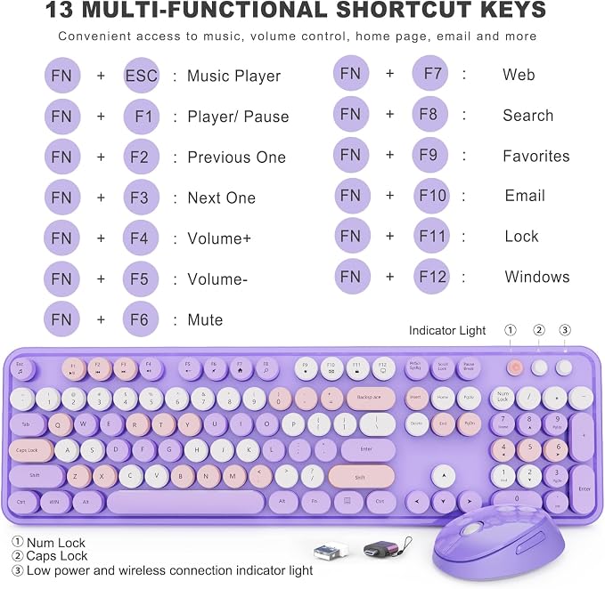SkyGive Wireless Keyboard and Mouse Combo, Ergonomic Full Size Typewriter Retro Round Keycaps Keyboard, Compatible with Windows, PC, Perfer for Home and Office Keyboards (Purple
