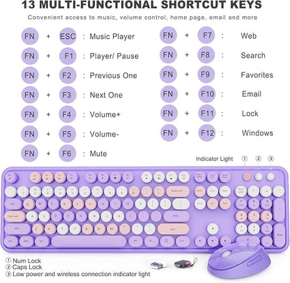 SkyGive Wireless Keyboard and Mouse Combo, Ergonomic Full Size Typewriter Retro Round Keycaps Keyboard, Compatible with Windows, PC, Perfer for Home and Office Keyboards (Purple