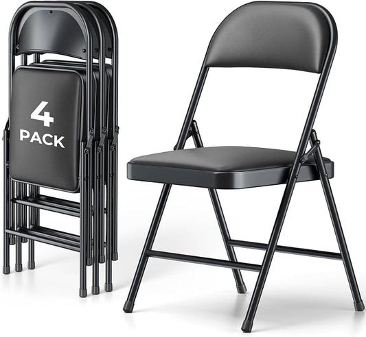 4 Pack Folding Chairs, PU Leather Folding Dining Chairs with Padded Cushion Seat & Back, Indoor Outdoor Folding Chair Set for Home Office, Parties, Events, Wedding, Extra Guest Seating
