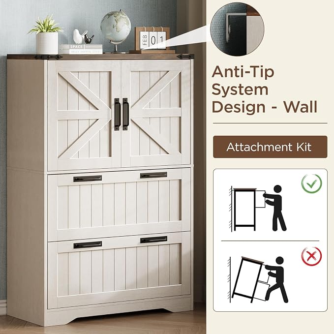 Halitaa 2 Drawer Filing Cabinet, Farmhouse File Cabinet for Home Office with Storage Space, Wood Tall Office Filing Cabinet fits Legal/Letter/A4 Size, Lateral File Cabinets with 2 Doors, Rustic White