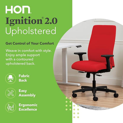 HON Ignition 2.0 Ergonomic Office Chair with Adjustable Arms, Standard Synchro‑Tilt Recline, Upholstered Desk and Computer Chair for Home Office or Workstation, Black Frame, Ruby