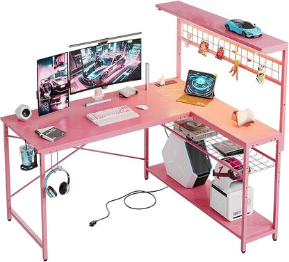 Bestier Gaming Desk 51" L-Shaped, with Power Outlets & LED Lights- 4 Tier Shelves, Reversible Gamer Table with Hooks & Cup Holder for Home Office Carbon Fiber Pink