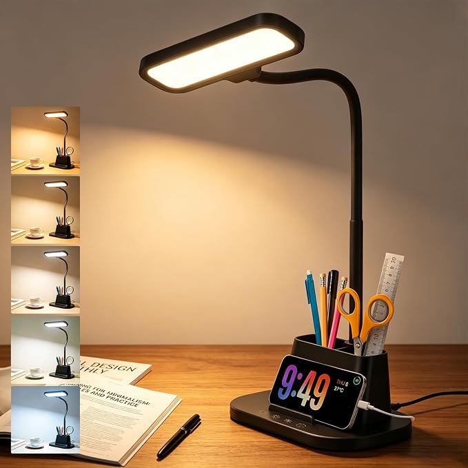 BOHON Desk Lamp for Home Office Reading Light with USB Charging Port Black | Small Desk Lamps with Pen Holder, 5 Color Modes 5 Brightness, Touch Gooseneck LED Table Lamp for Dorm Room Essentials Study