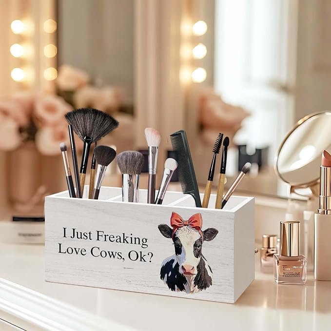 Cow Gifts Pen Holder for Desk, Funny Cute Bow Farm Animal Pencil Organizer, Cow Gifts for Women CowLovers, I Just Freaking Love Cows Wooden Pen Holder Desk Accessories Decor for Home Office