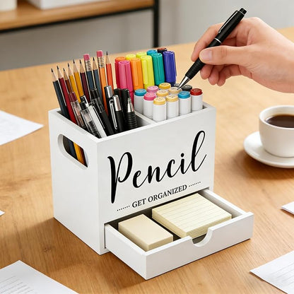 Pen Holder for Desk, Wood Pencil Organizer with Drawer, 2 Slots Dual-Purpose Desk Organizers Marker Holder Art Supplies for Home, Office(White)
