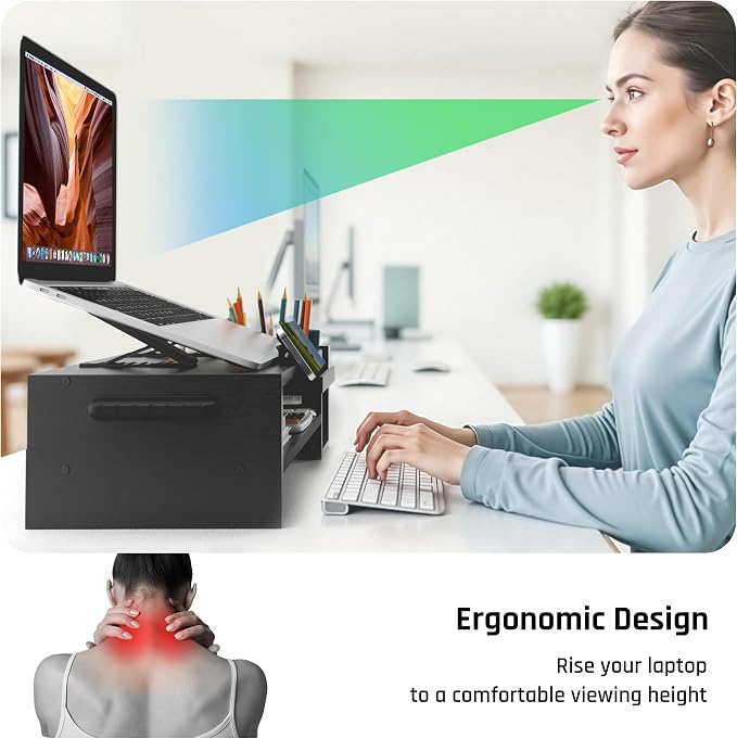 AFOOYO Adjustable Wood Laptop Stand, Ergonomic Height & Angle Computer Riser with Pen Holder – Compatible with MacBook Air/Pro, Dell, HP, Lenovo & 10-17.3" Notebooks – Black