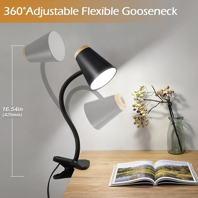 EJIAXIN Clip on Desk Lamp for Home Office - Small LED Touch Dimmable Reading Light for College Dorm Room - Adjustable Flexible Gooseneck Clamp Light Table Lamp for Bedside Bedroom Bed Headboard Black