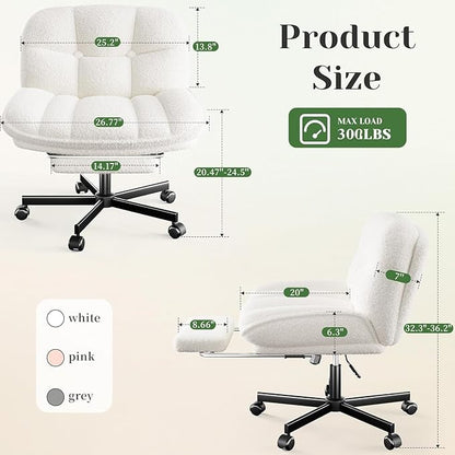 DurayLoly Cross Legged Office Chair with Foot Rest, 6.3" Thick Cushioned Criss Cross Chair with Wheels, Height Adjustable Swivel Vanity Chair for All-Day Comfort (White)