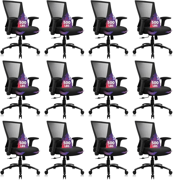 CLATINA Big and Tall Office Chair Heavy Duty Ergonomic Desk Chair 500lbs with Flip-up Arms & Wide Thick Seat Cushion Home Executive Swivel Mesh Chair for Study, Conference, Black, 12 PK