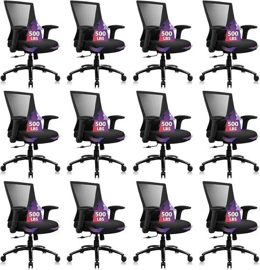 CLATINA Big and Tall Office Chair Heavy Duty Ergonomic Desk Chair 500lbs with Flip-up Arms & Wide Thick Seat Cushion Home Executive Swivel Mesh Chair for Study, Conference, Black, 12 PK