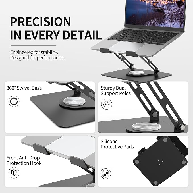 ALASHI Laptop Stand for Desk with 360 Rotating Base, Multi-Angle Adjustable Laptop Stands, Foldable Laptop Riser Compatible with 10 to 17 Inches PC Computer, Black