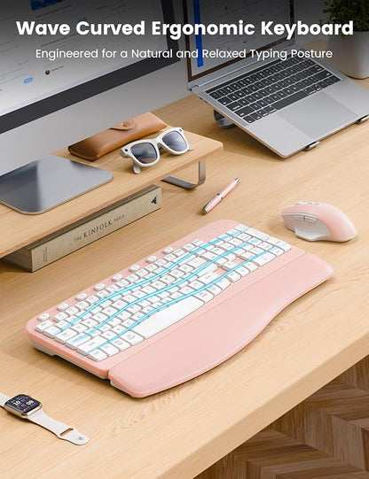 SABLUTE Wireless Keyboard and Mouse Combo, Ergonomic Wave Keys, Cushioned Plam Rest, Comfortable Silent Natural Typing, 2.4G Lag-Free, MA12 Full Size Keyboards Set for Multi-OS, Windows/Mac, Pink