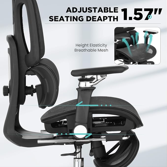 Ergonomic Office Chair with 3-Zone Dynamic Lumbar Support, Big and Tall Office Chair with Footrest, Adjustable Seat Depth,4D Headrest,6D Armrests, Swivel Executive Chair for Home Office,Black