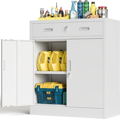 BESFUR Metal Storage Cabinet with Doors and Shelves, 36" H Locking Storage Cabinet with 1 Drawers, Reinforced Heavy Duty Metal Cabinets for Garage, Office, Home(White)