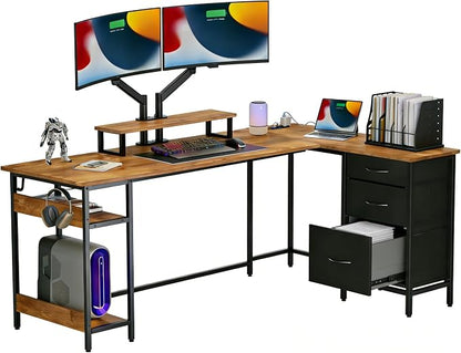 DEVAISE 66 Inch L Shaped Gaming Desk with Drawers and Storage, Corner Desk with LED Lights, Power Outlets, Computer Desk with Monitor Stand, Office Desk for Home, Rustic Brown