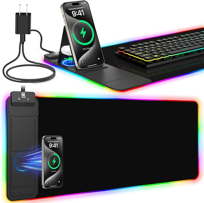 RGB Mouse Pad with Foldable Phone Stand Wireless Charger, 31.5"x11.8" XL Gaming Mousepad Large Desk Mat, Desk Pad with 11 Colors 5 Modes, Waterproof