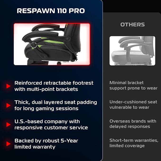 Respawn 110 Pro Ergonomic Gaming Chair with Footrest for Adults - Comfortable Office Gaming Recliner with Lumbar Support and Headrest, Racing Style Video Game Chairs for Computer Gamer - Green