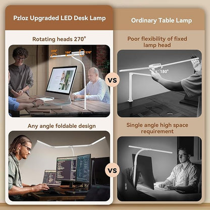 Pzloz Led Desk Lamp with Clamp: Architect Desk Lamp for Home Office, Eye Caring Double Head Computer Monitor Work Desk Light with Remote Control - 24W Flexible Dimmable Desktop Table Lamp White
