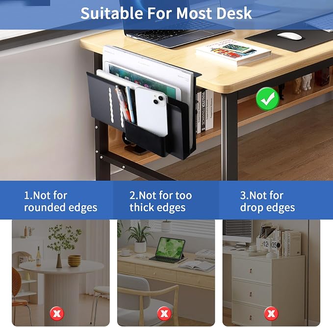 LUKETURE Desk Side Storage, 2 Tie Laptop Holder No Drill Clamp On Organizer | Steel Side Desk Organizer, Clamp on Laptop Mount with Pen Holder, Hanging Storage for Home Office, Fits 0.3" to 2.8"