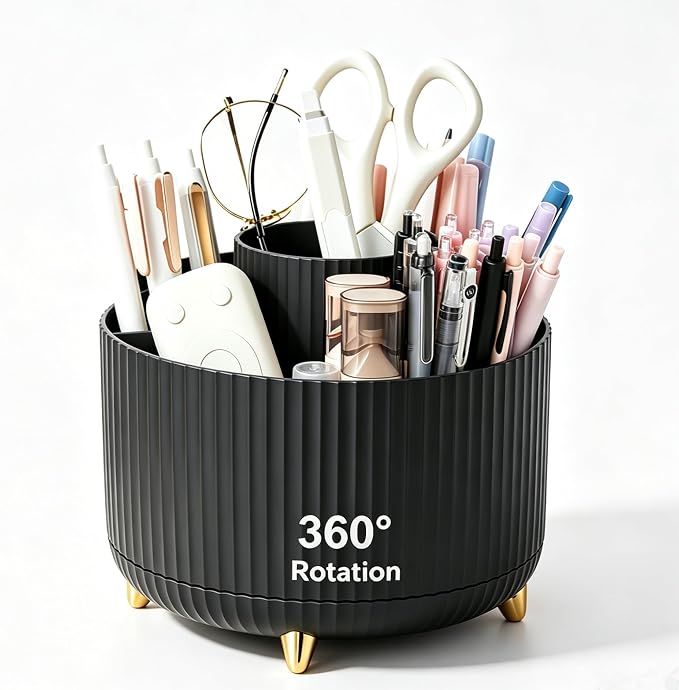 Pencil Pen Holder 5 Slots 360°Degree Rotating Pen Organizers for Desk Desktop Storage Stationery Supplies Cute Pencil Cup Pot Kids Desk Organizer for Office Home School（Black）