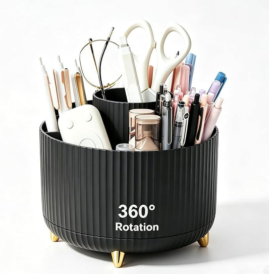 Pencil Pen Holder 5 Slots 360°Degree Rotating Pen Organizers for Desk Desktop Storage Stationery Supplies Cute Pencil Cup Pot Kids Desk Organizer for Office Home School（Black）