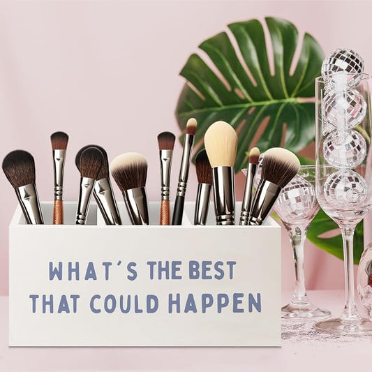 What's the Best That Could Happen Inspirational Wooden Pen Pencil Holder for Office Desk Accessories, Motivational Desk Decor, Retro Blue Makeup Brush Toothbrush Holder Organizer