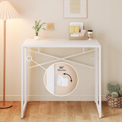 Lutown-Teen Small Folding Desk 35 inch, No Assembly Required Narrow Office Desk, Writing Gaming Computer Camping Table, White