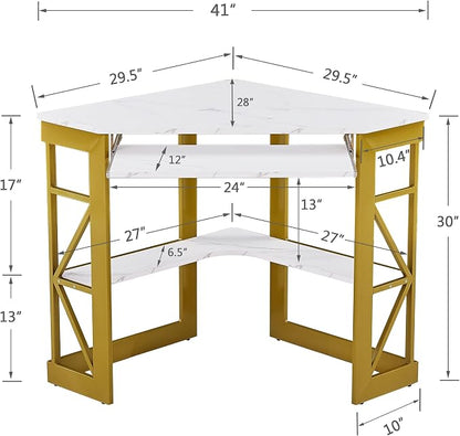 VECELO Corner Desk Computer Desk Writing Table with Smooth Keyboard Tray&Storage Shelves for Small Spaces/Compact Home Office Triangle Table,Gold & White