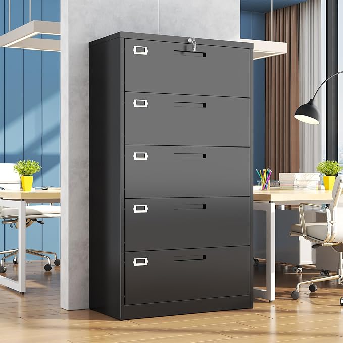 5 Drawer File Cabinet, Black Metal Lateral File Cabinet with Lock, Office Filing Cabinet for Legal/Letter/A4/F4 Size with Hanging Files, Lockable File Cabinets for Home Office