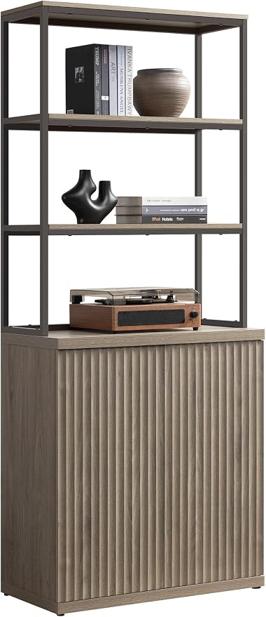 SICOTAS Book Shelf Fluted Bookshelf Cabinet - 75" Tall Bookcase 6 Tier Large Bookshelves with Doors Storage Modern Wide Book Shelves Case for Living Room Home Office Library, Metal Frame, Grey